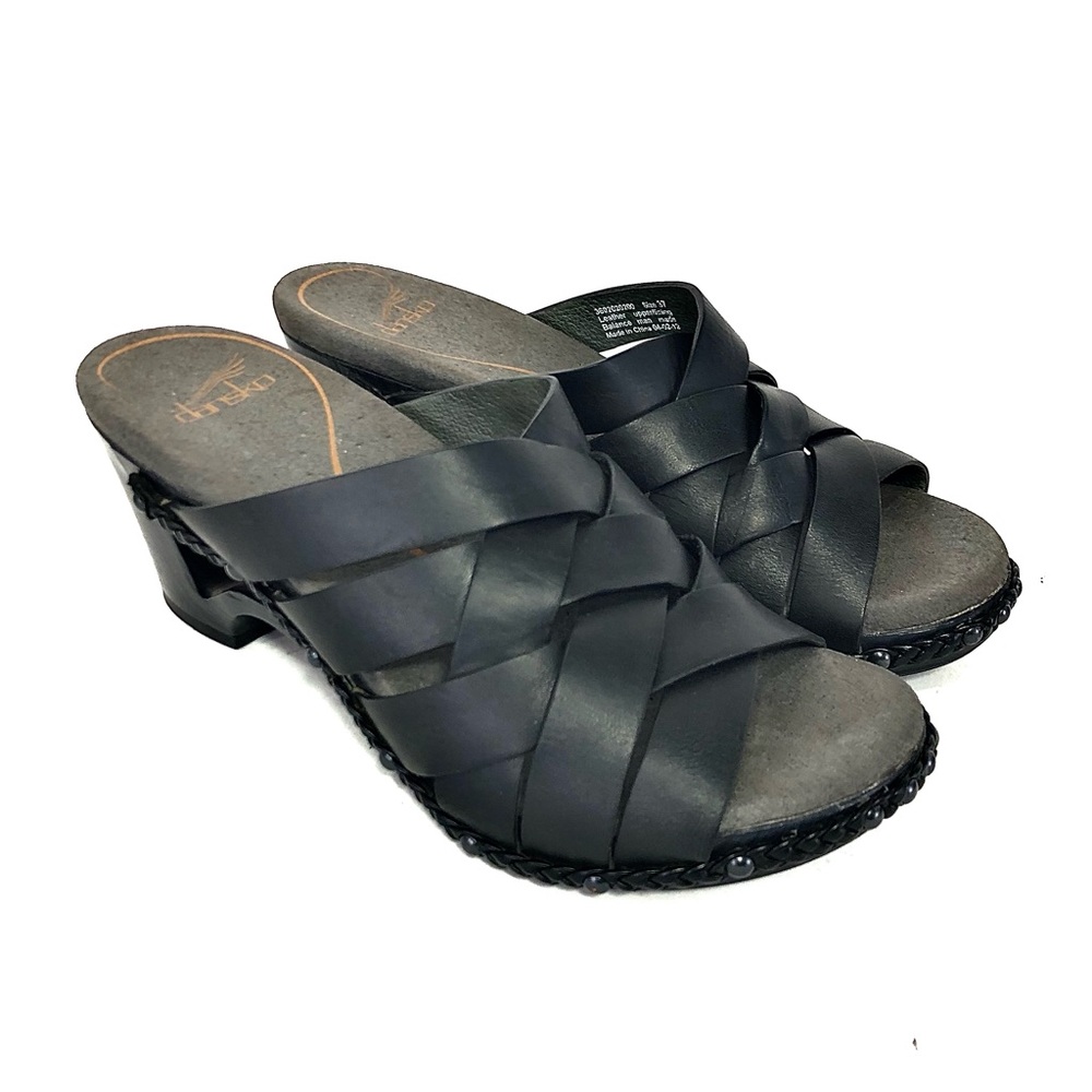 Dansko Black Woven Leather Slide Sandals
